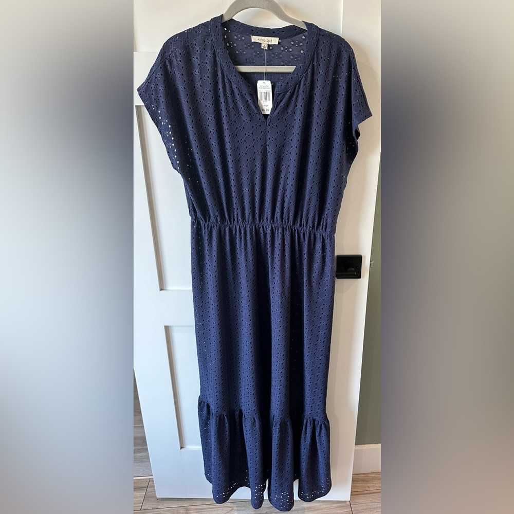 Astrologie Maxi Dress Women's Large Navy Knit Eyelet Ruffle Hem Cap Sleeve NWT